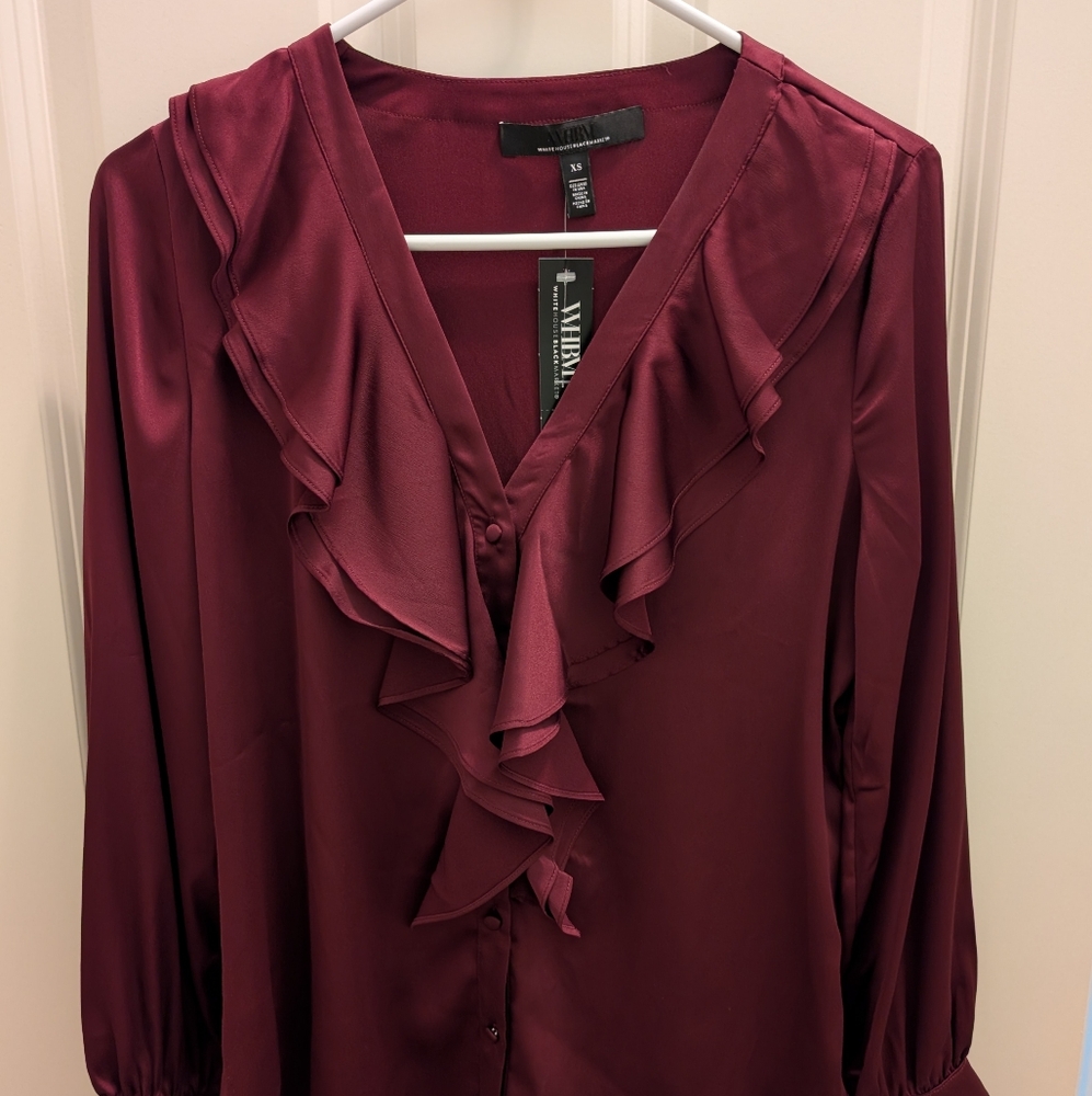 NWT WHBM long sleeve ruffle satiny burgundy blouse